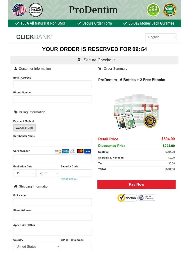 Screenshot of the ClickBank secure order form for ProDentim, with customer, billing and shipping fields and an order summary