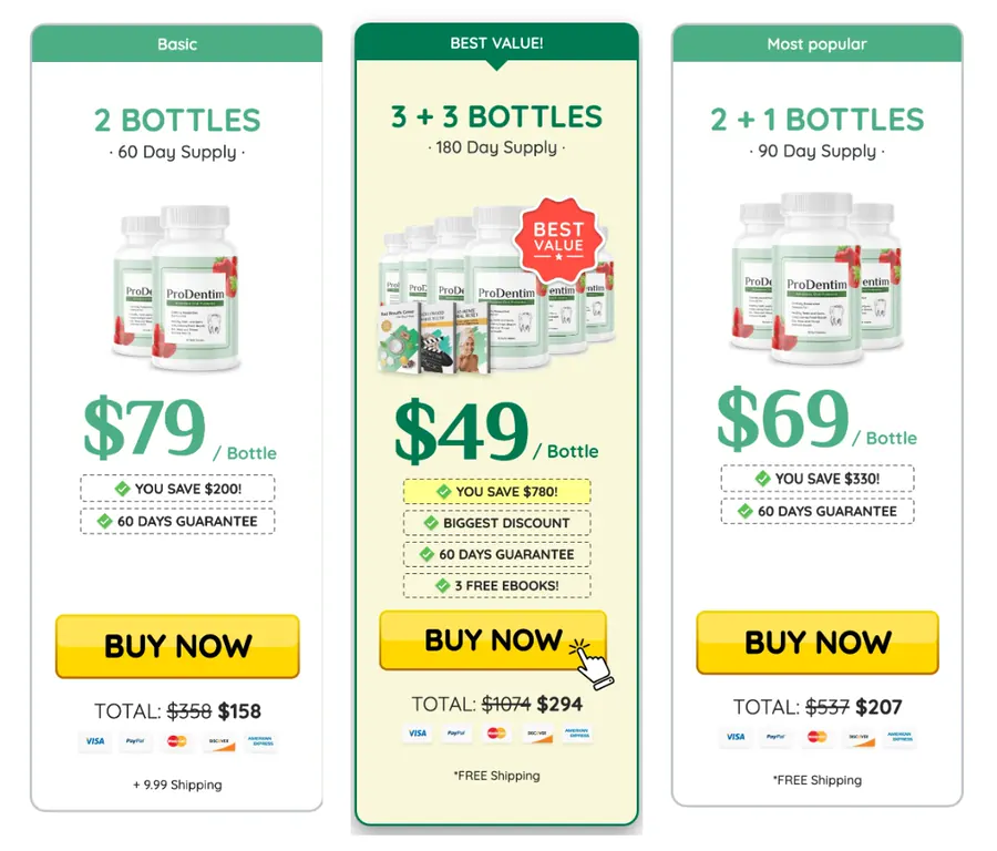 Screenshot of the official ProDentim offer page showing the 2, 3 and 6 bottle bundles at $79, $69 and $49 per bottle
