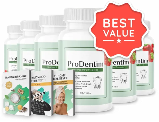 ProDentim six-bottle bundle (180-day supply) with three bonus e-books