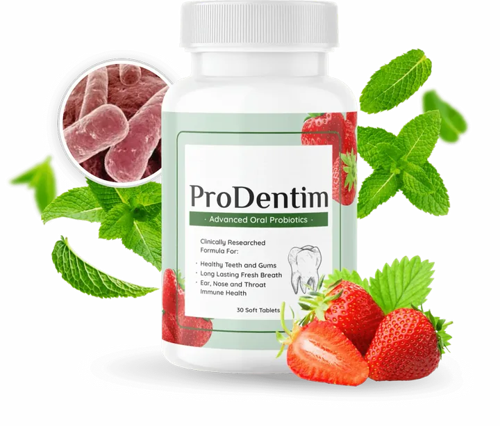 ProDentim Advanced Oral Probiotics bottle, 30 soft tablets, shown with mint leaves and strawberries