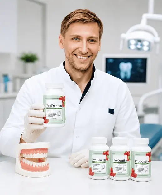 Seller promotional image of a man in a white coat holding a ProDentim bottle in a dental office