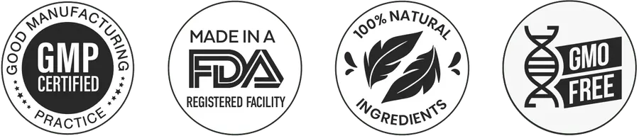 Manufacturer quality badges: GMP certified, made in an FDA registered facility, 100% natural ingredients, GMO free