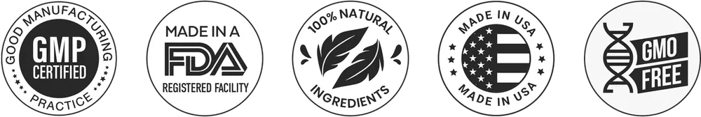 Manufacturer quality badges: GMP certified, made in an FDA registered facility, 100% natural ingredients, made in USA, GMO free