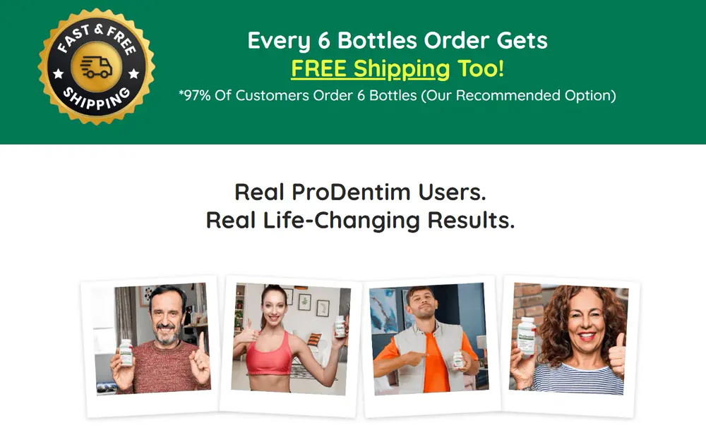 Section of the official ProDentim sales page: free shipping on six-bottle orders and four promotional photos of people holding the bottle