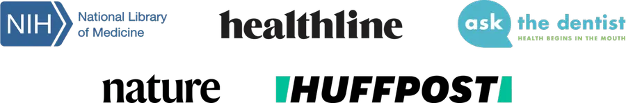 Logos of NIH National Library of Medicine, Healthline, Ask the Dentist, Nature and HuffPost as displayed on the official ProDentim sales page